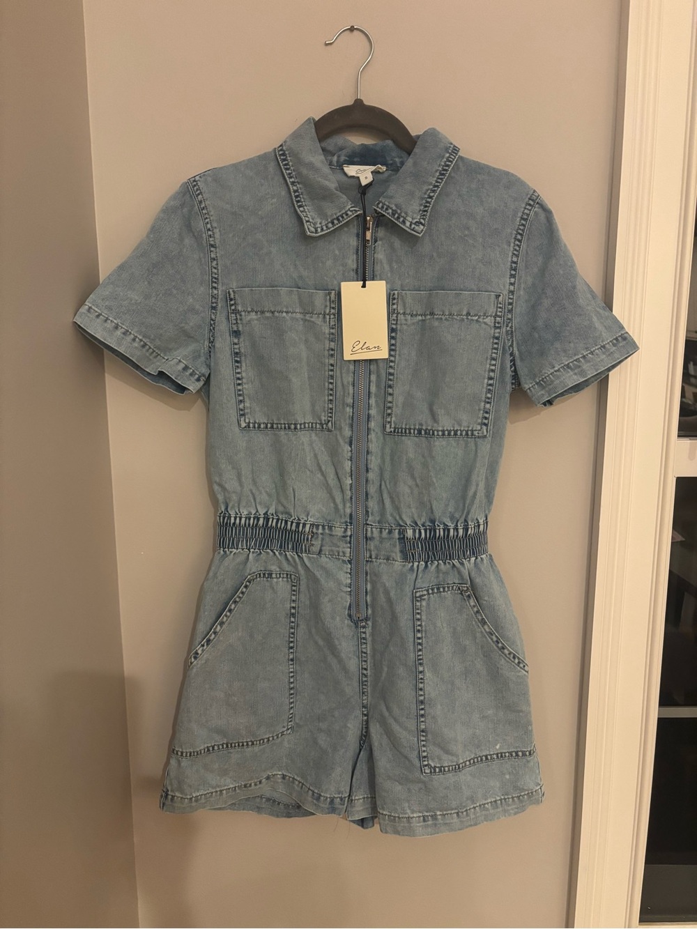 Elan Light Blue Denim Short-Sleeve Romper